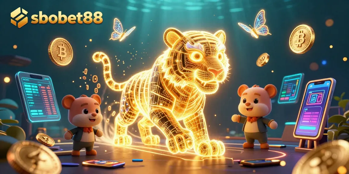 Experience sbobet88 in a vibrant casino scene full of excitement and cryptocurrency elements.