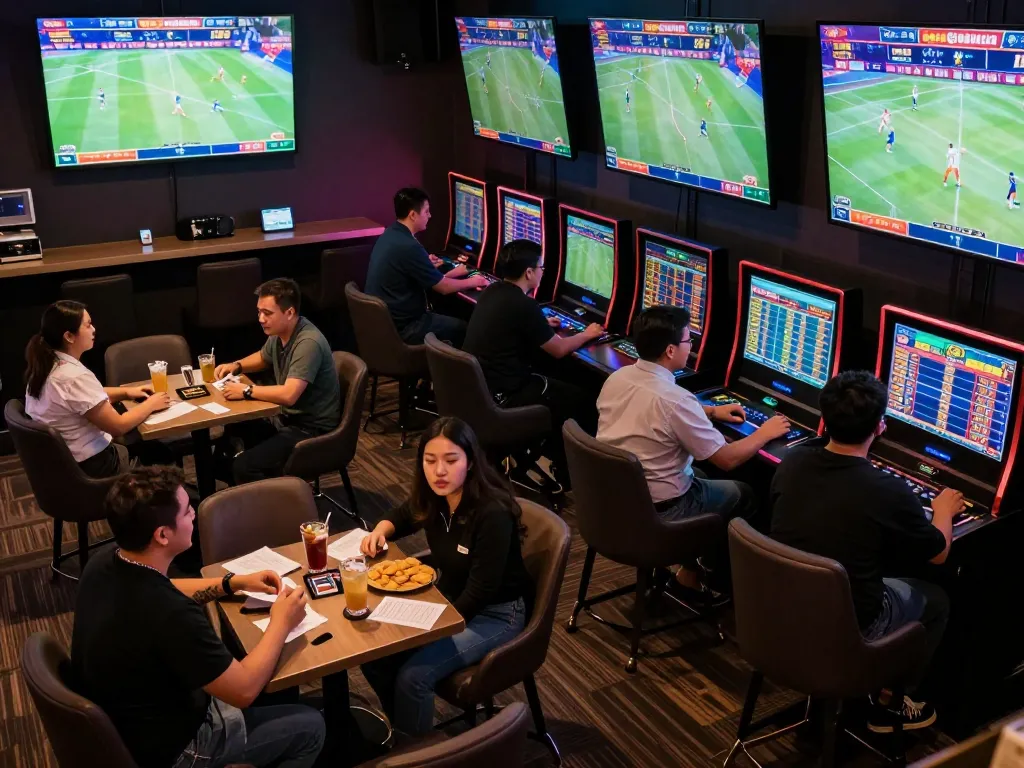 Excited patrons engaging in sports betting at a lively lounge with keonhacaii technology.