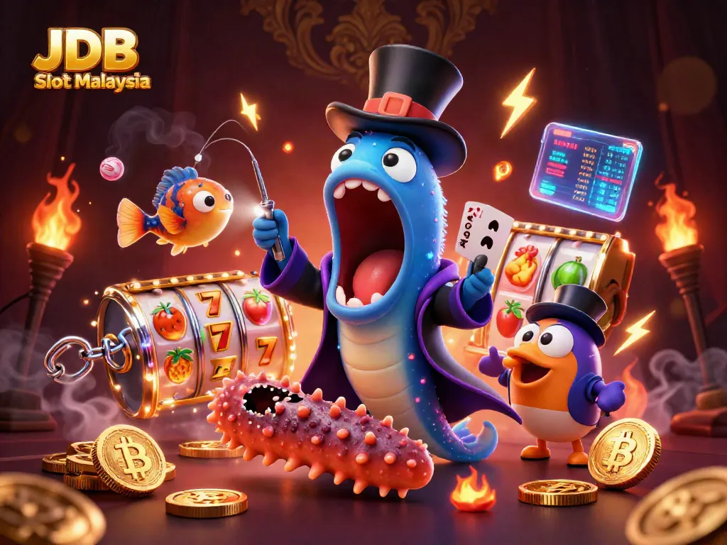 Experience JDB Slot Malaysia with captivating characters and dynamic gaming elements in this vibrant illustration.