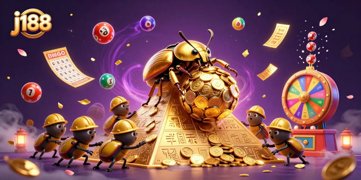 j188 offers excitement with a golden beetle rolling coins at a casino-themed pyramid.