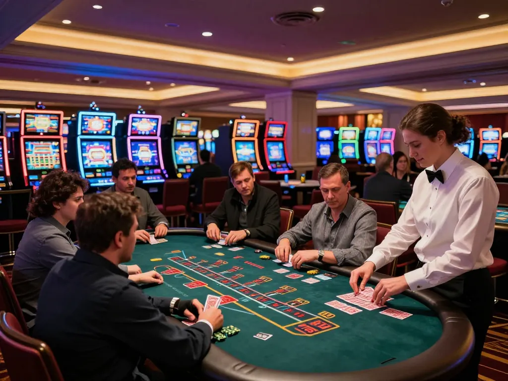 Engaging players at Sunwingo Casino focusing on blackjack gameplay amidst vibrant lights