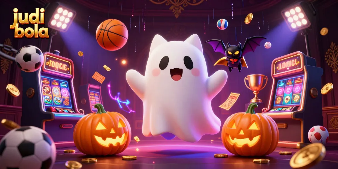 Engage in judi bola with a lively 3D scene featuring a ghost cat and bat in a dynamic casino.