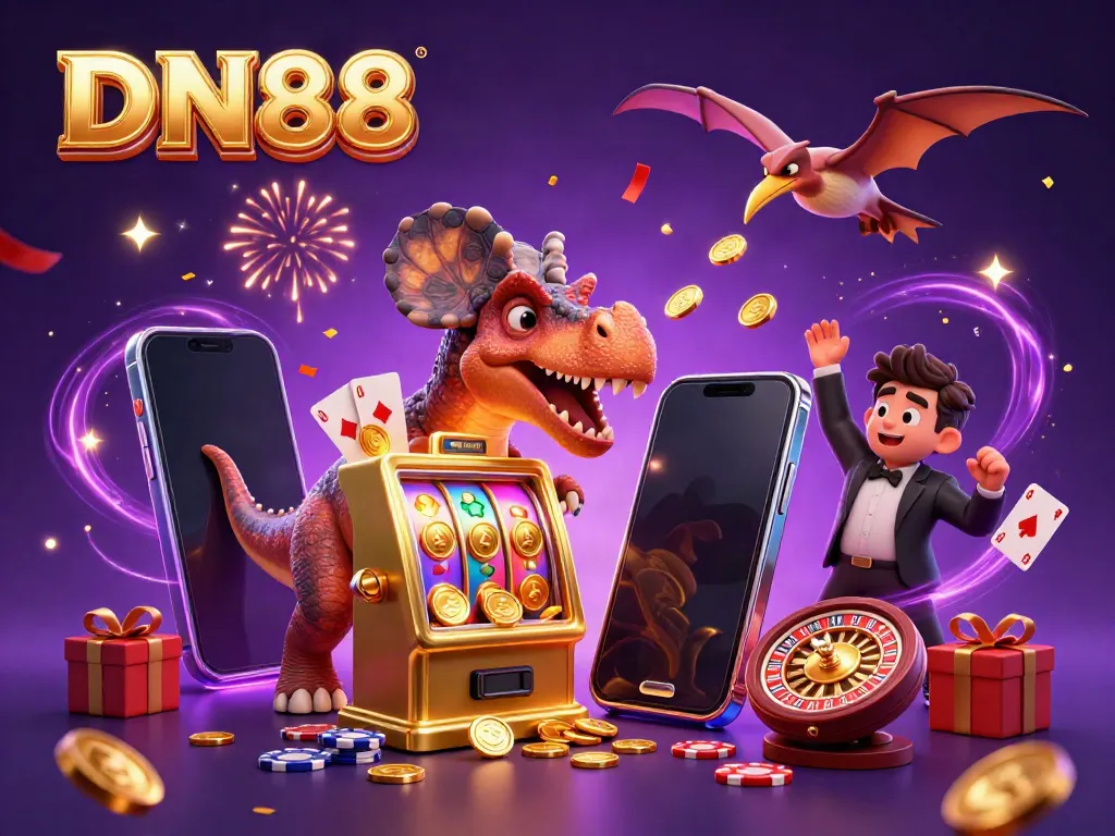 Experience the vibrant world of DN88 as a pachycephalosaurus celebrates a jackpot, amidst casino excitement.