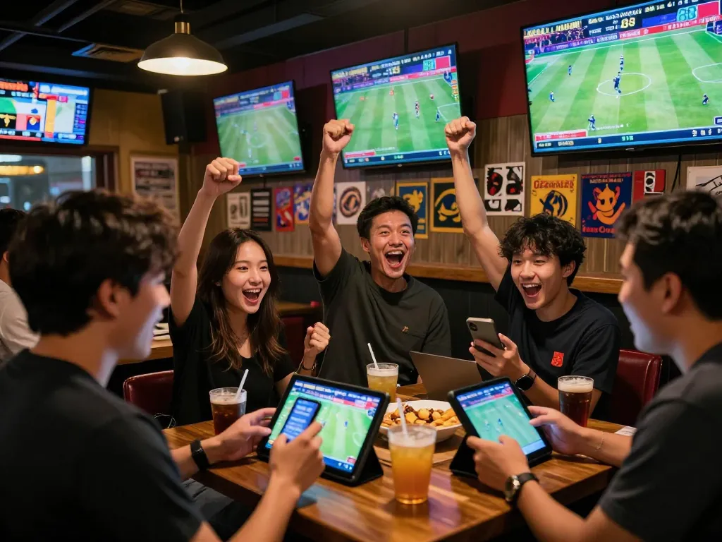 Fans placing bets on keonhacai 88 at an energetic sports bar while watching live games.