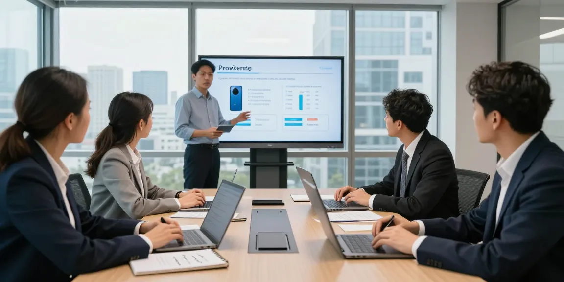 Business professionals discussing which business mobile provider is best UK in a modern meeting room.