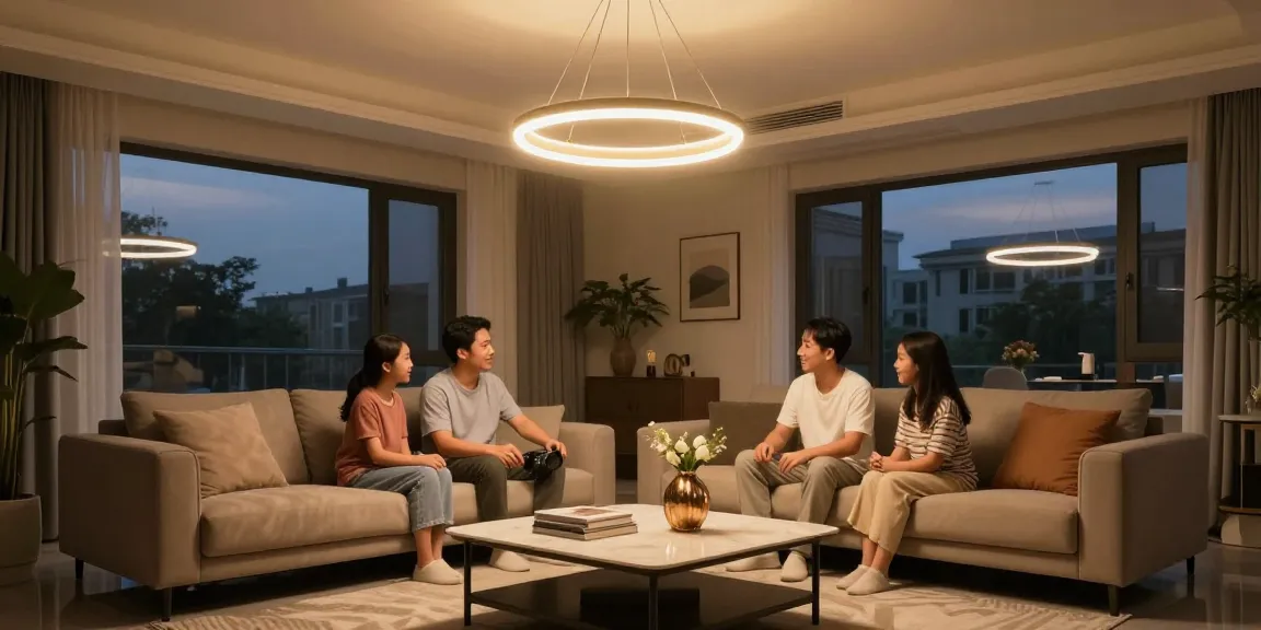 Candelabre led moderne în living pentru un ambient elegant și primitor.