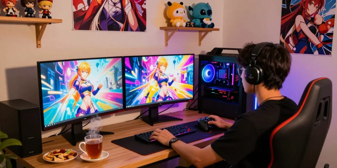 Engaging scene of a gamer playing exciting hentai games on dual monitors.