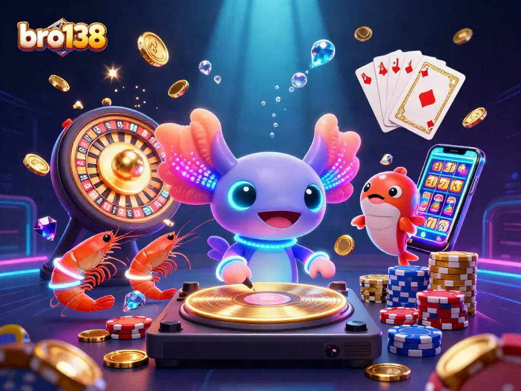 Experience lively gaming at bro138 with a neon axolotl DJ and dynamic casino elements.