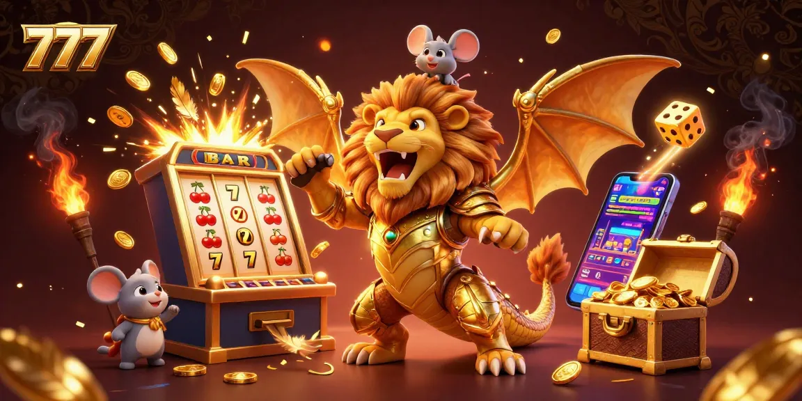 Spin the 777 jackpot with a victorious chimera and mouse jockey amidst exploding coins and colorful symbols.