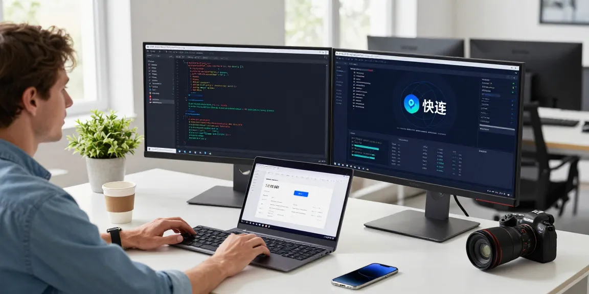 Developer using 快连 software in a modern workspace with dual monitors and vibrant tech environment.