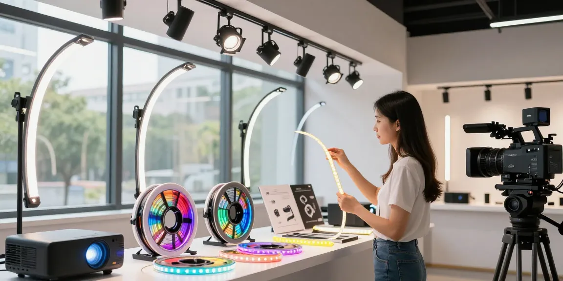 Aplica LED flexibilă expusă într-un showroom luminat, evidențiind inovația în tehnologia de iluminat.