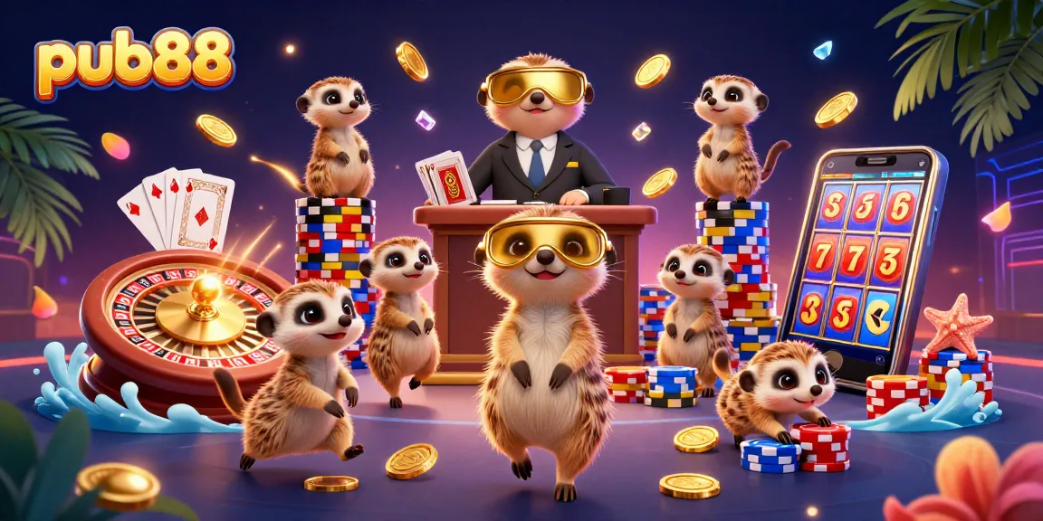 Engage with exciting actions at pub88, showcasing colorful meerkats in a vibrant casino scene.