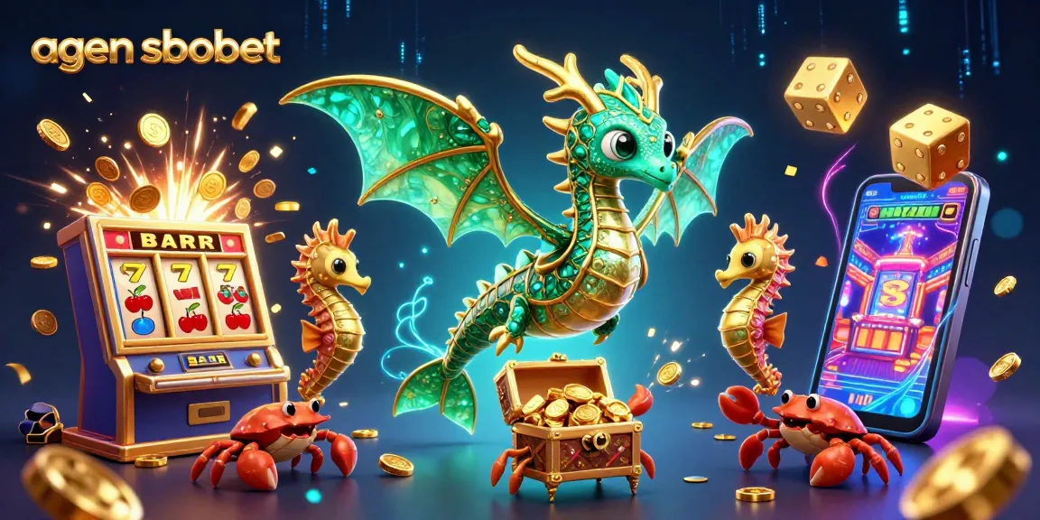 A dynamic scene illustrating agen sbobet with a sea dragon, slot machine, and casino elements
