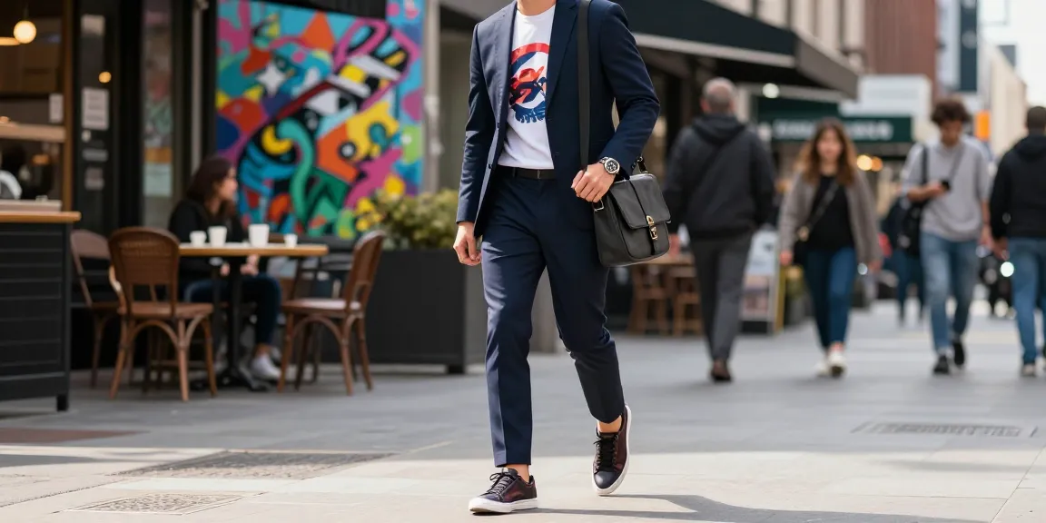 Stylish men's fashion look with blazer and graphic tee in an urban setting