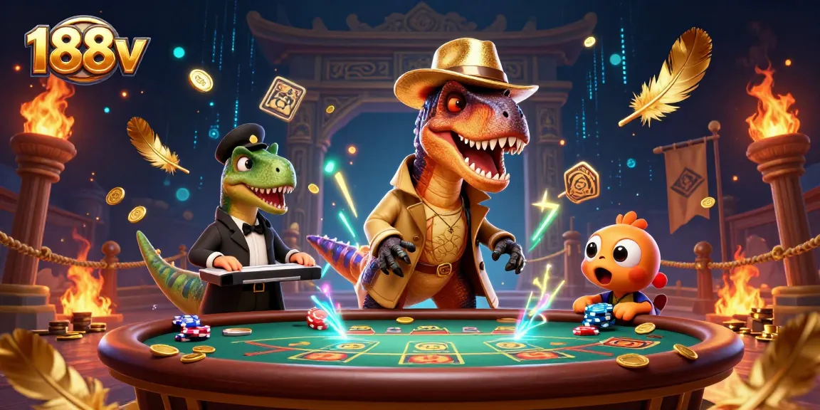 Enhance your gambling experience at 188v with a fun blackjack scene featuring animated dinosaurs.