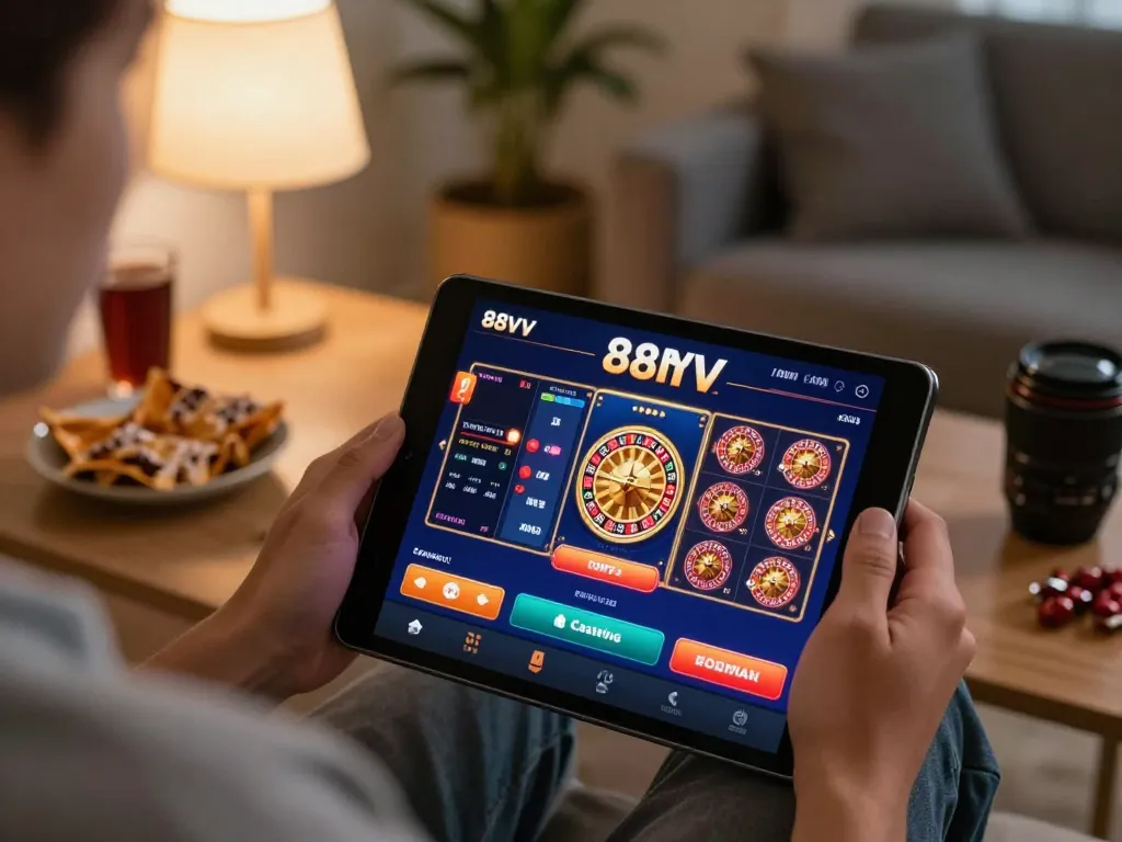 Player exploring 88vv casino app at home with engaging game interface and welcoming ambiance.