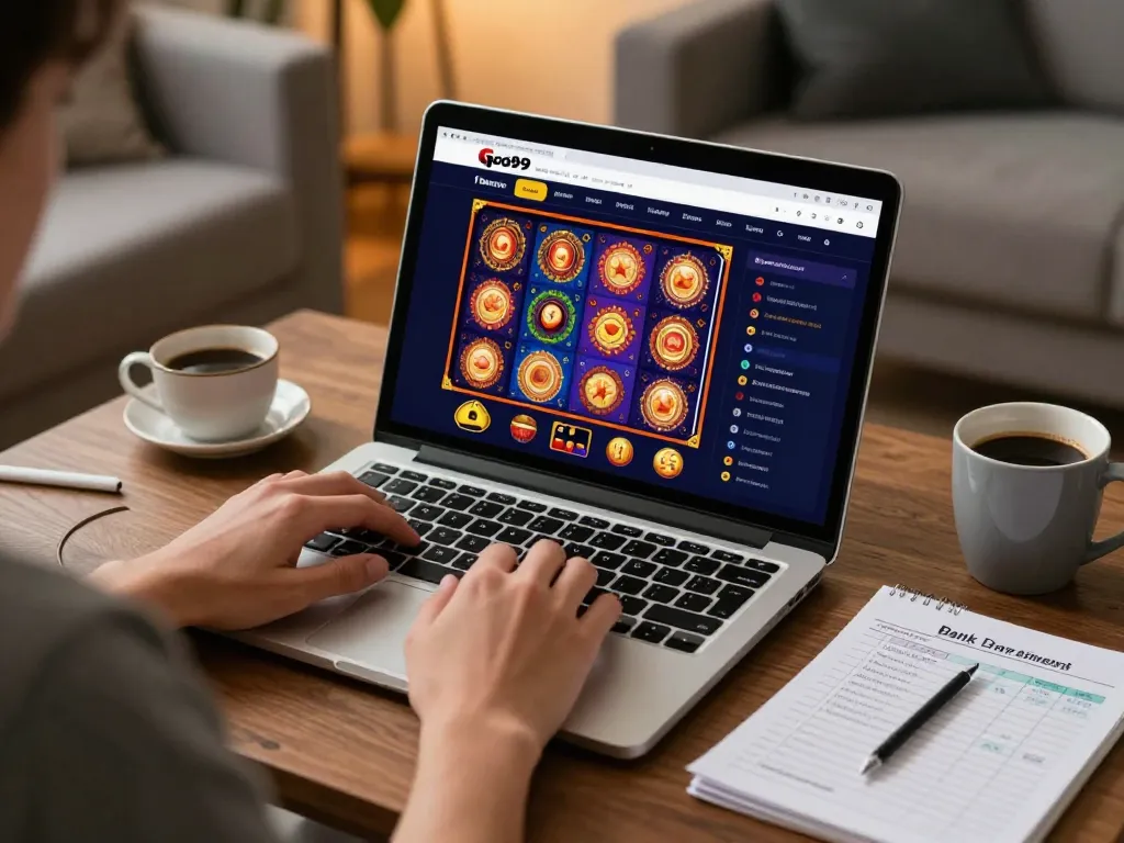 Engaging online gaming moment with Go99 app displayed on a laptop creating a cozy gaming ambiance.