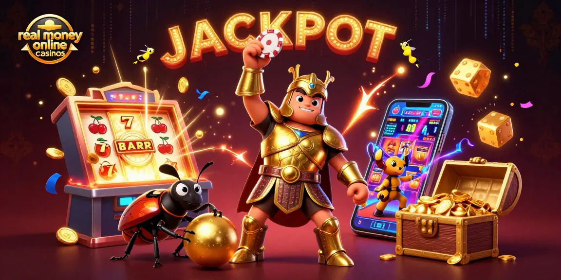 Experience excitement at real money online casinos with a 3D hercules beetle celebrating a jackpot.