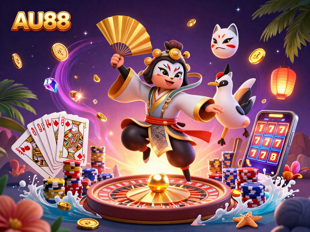 Experience the excitement of AU88 with vibrant 3D casino characters amidst cascading coins and vibrant game elements.