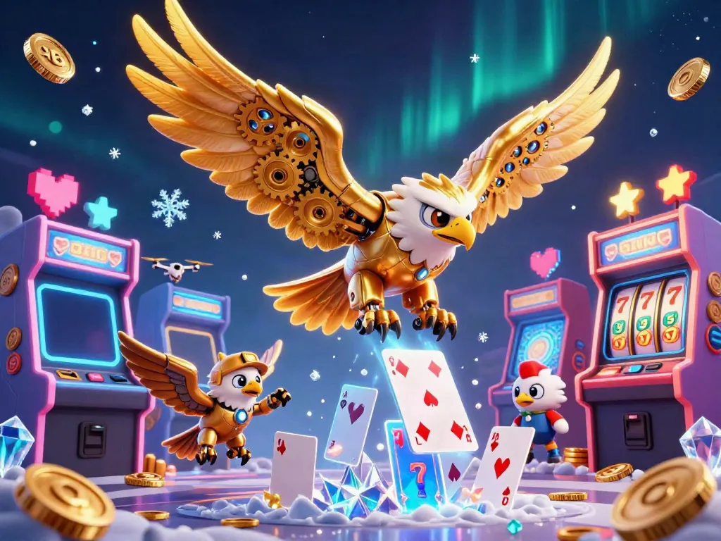 Experience thrilling gaming visuals with 98WIN's captivating 3D illustration of a golden eagle and casino elements.