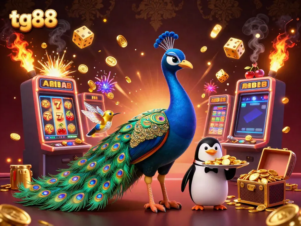 Experience the thrilling action of tg88 with a vibrant casino scene featuring peacock and butler elements.