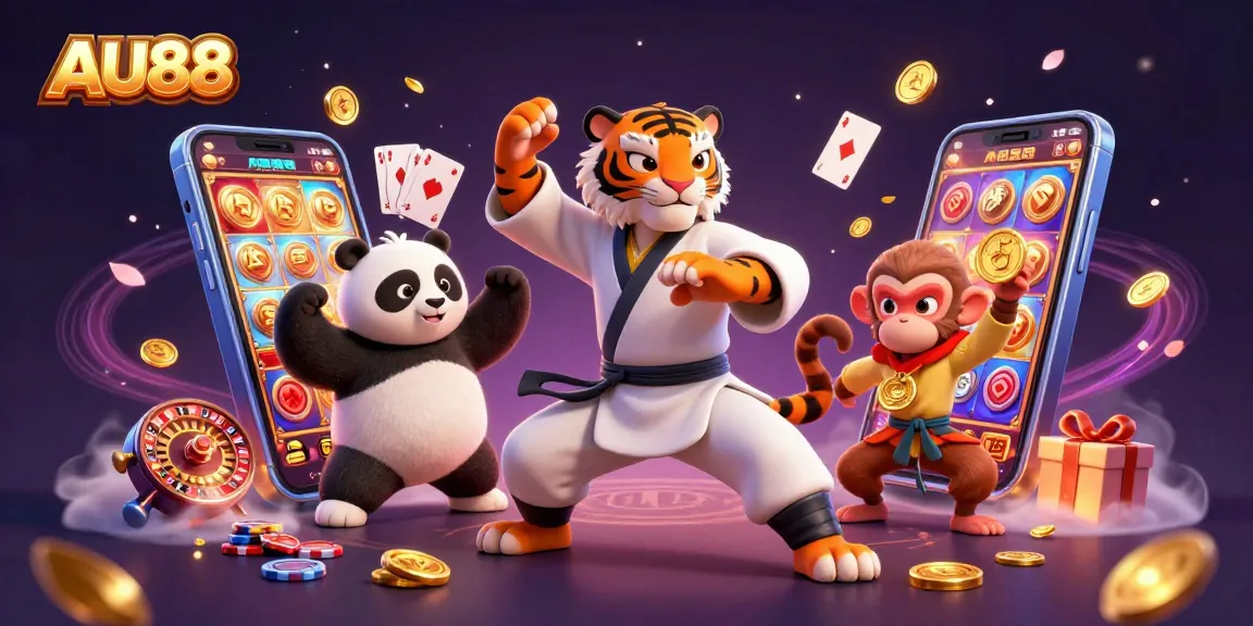 Engage with AU88's vibrant casino adventure featuring a kung fu tiger, a sneaky monkey, and a playful panda.