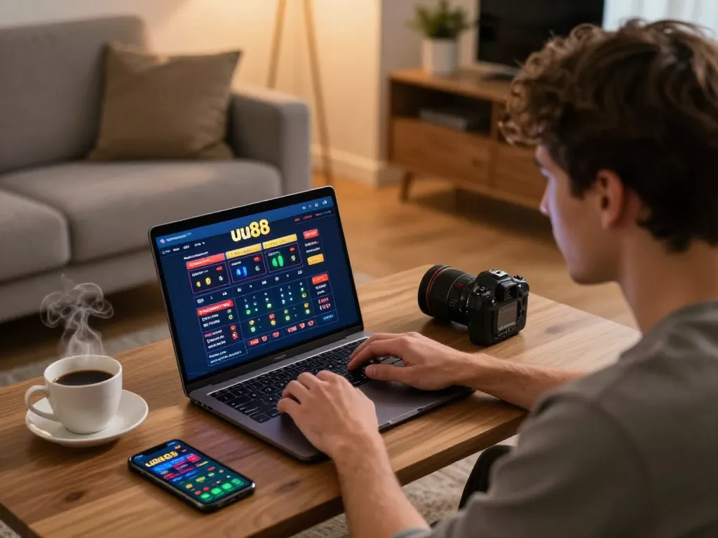 Engaged player using uu88 online gaming interface on laptop in cozy home setting.