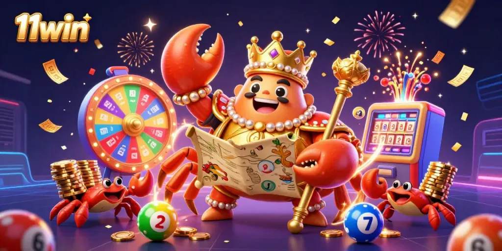 Experience the excitement at 11win as the golden crab emperor leads a dynamic casino scene filled with vibrant game elements.