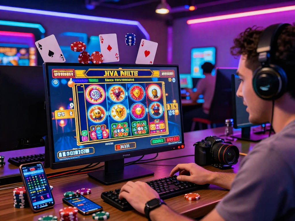 I migliori casinò online: un giocatore entusiasta al desktop immerso nel divertimento del gioco, circondato da decorazioni vivaci.