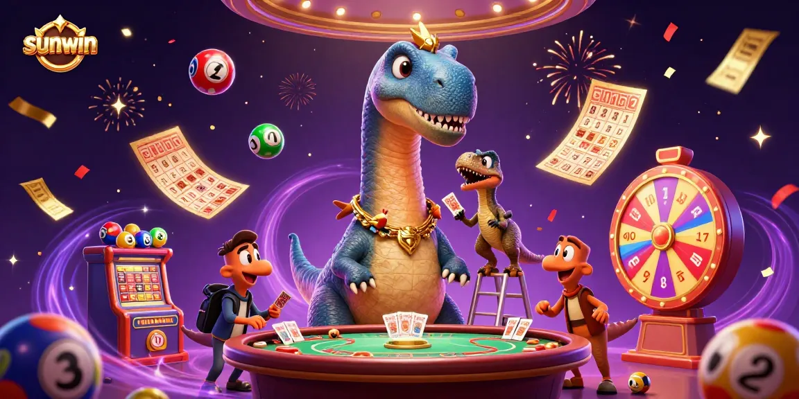Engage with the vibrant sunwin casino scene featuring a massive brontosaurus and dynamic lottery elements.