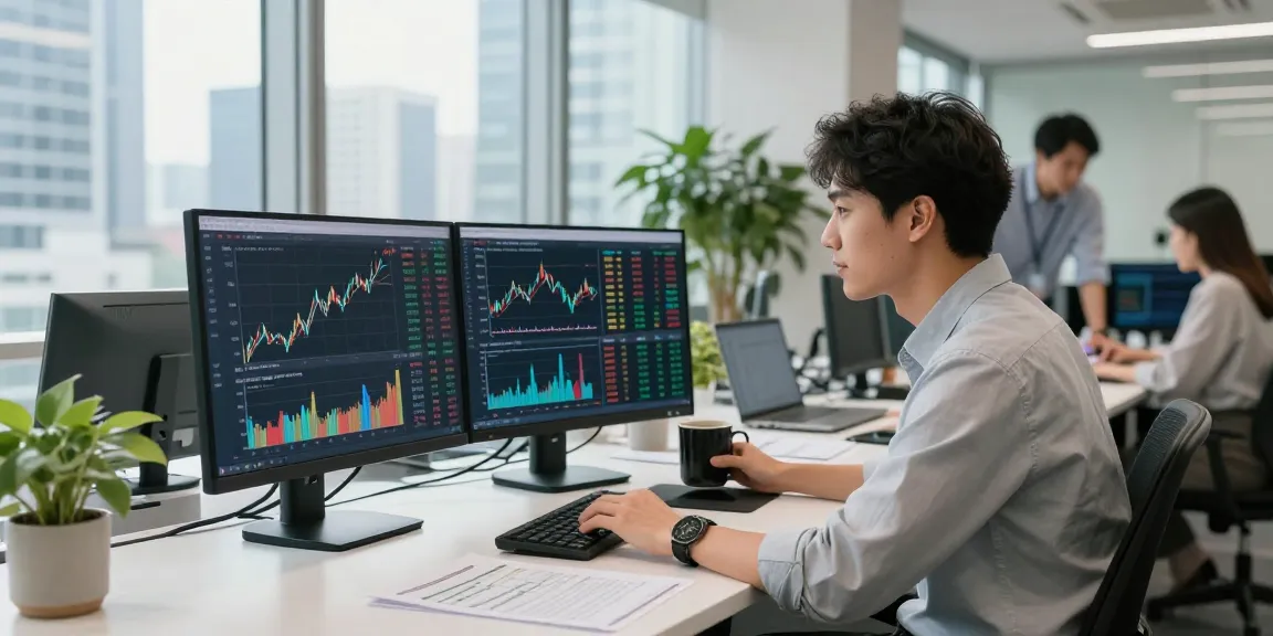 Nikkei 225 index API analysis in a modern office environment with financial analyst reviewing stock market data.