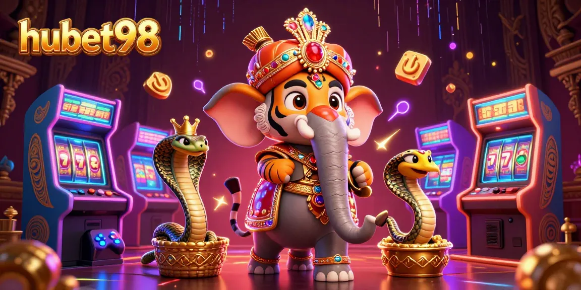 Experience hubet98's vibrant gaming scene with an ornate tiger, jewel-encrusted elephant, and exciting game elements.