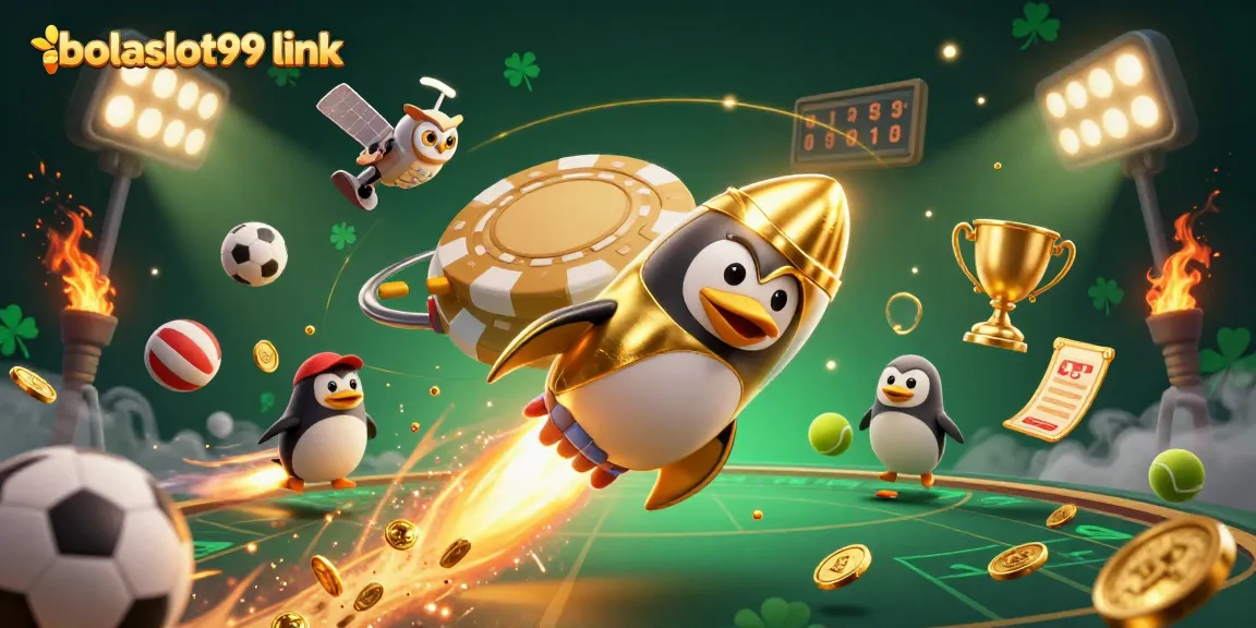 Soar with the bolaslot99 link as the golden penguin rockets towards a vibrant casino-themed galaxy.