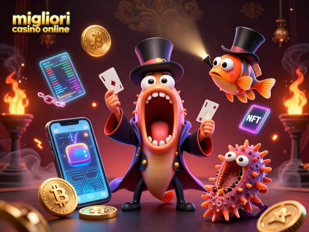 I migliori casinò online si animano con un'illustrazione 3D vivace di un'anguilla e un pesce lanterna che mostrano magia, circondati da monete Bitcoin ed Ethereum.