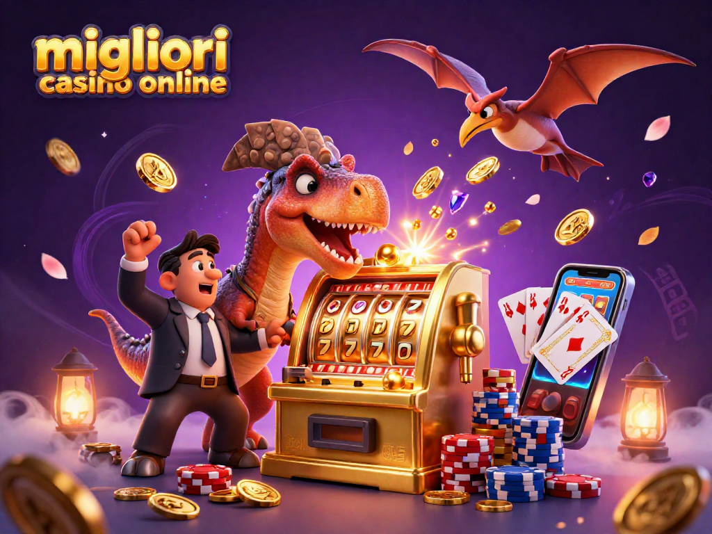 Illustrazione 3D di un pachicefalosauro che gioca alle migliori casinò online, con monete d'oro volanti.