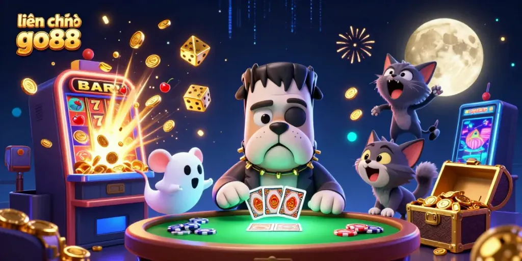 Experience the vibrant action of liên hệ go88 with a playful 3D scene featuring a bulldog and ghost mouse in a casino atmosphere.