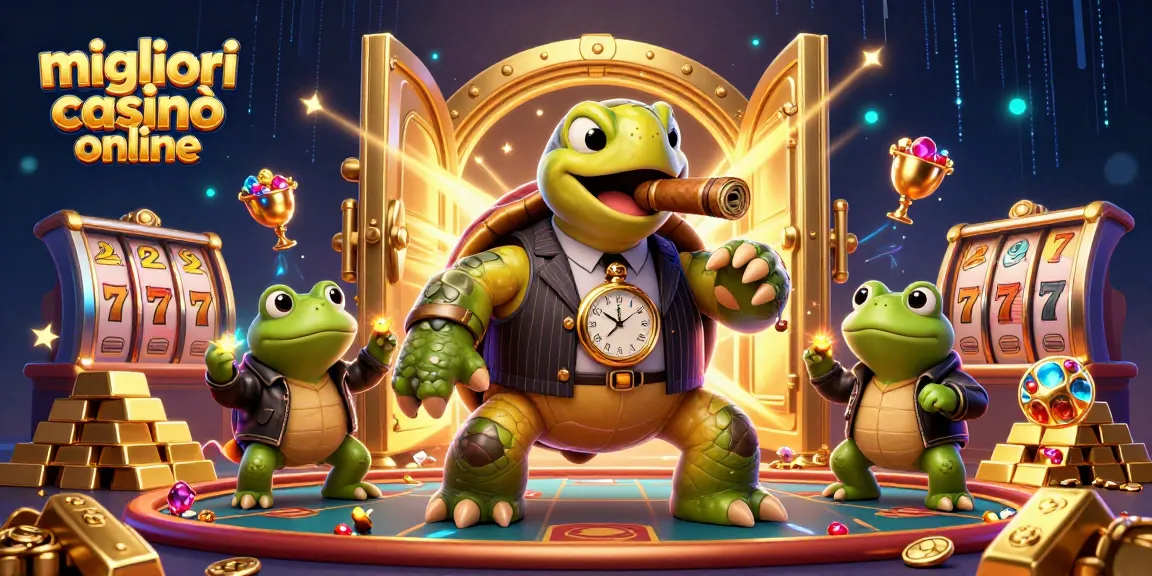 Scopri i migliori casinò online con una vivace illustrazione di una tartaruga boss e rane enforcers.