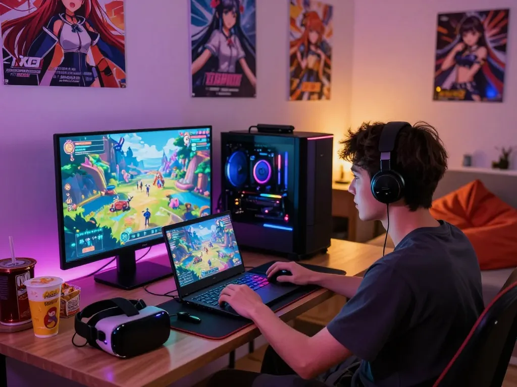 Exciting scene of a gamer engaging with xxx games in a vibrant gaming room.