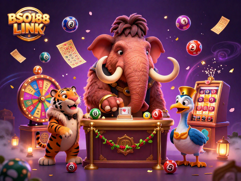 Experience the thrill of BSO188 LINK with vibrant lottery elements and exciting characters in a dynamic casino scene.