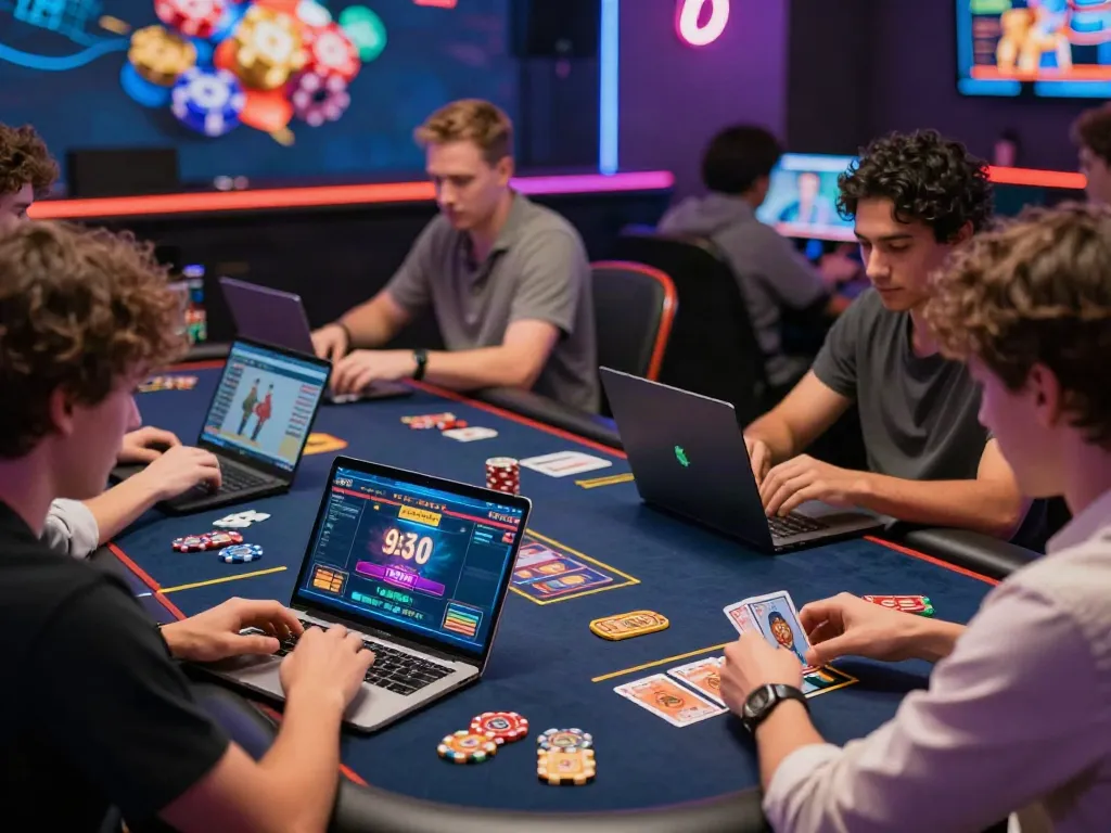 Engaged players at https://hitclub3.io/ enjoying vibrant online games in a modern casino atmosphere.