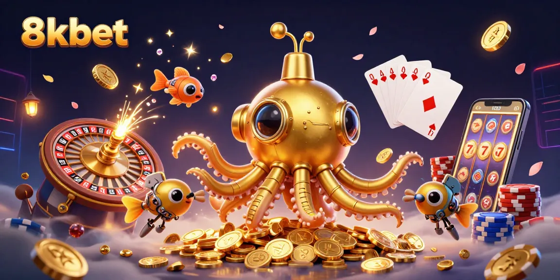 Experience the thrill of 8xbet's vibrant gaming world with a golden kraken amidst cascading coins.