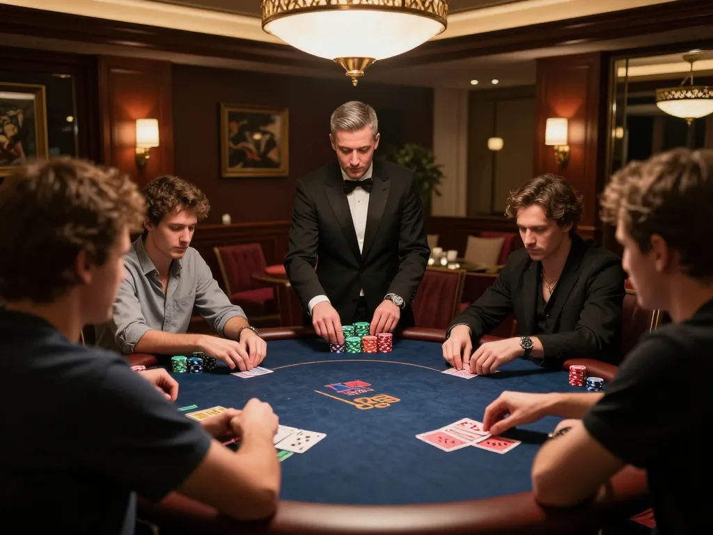 79win players engaged in a high-stakes poker game under warm lighting in a luxurious setting.