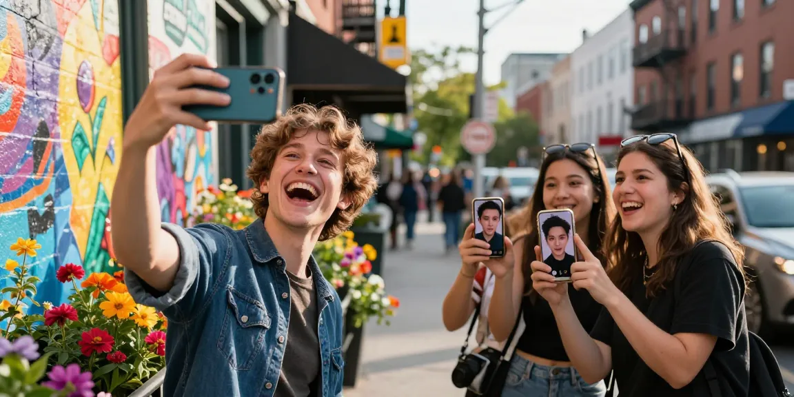 A person taking a selfie in a vibrant urban setting while discovering who looks like a celebrity, surrounded by friends and colorful street art.