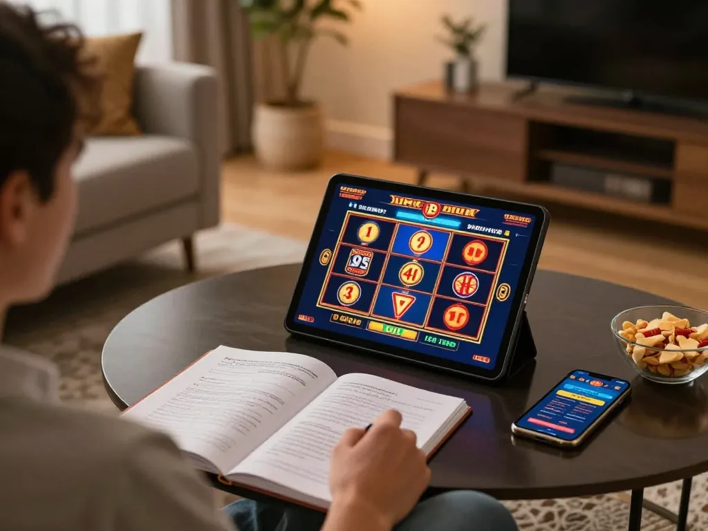 Engaging in online slots on a tablet while exploring 78wind gaming strategies in a cozy setting.