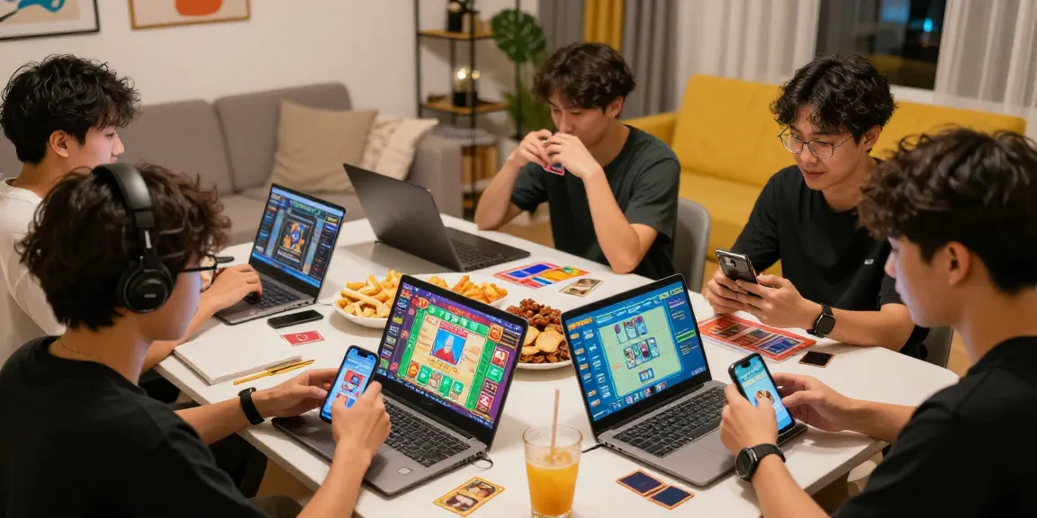 Exciting gaming atmosphere with rikvip players enjoying card games and snacks in a vibrant living room.