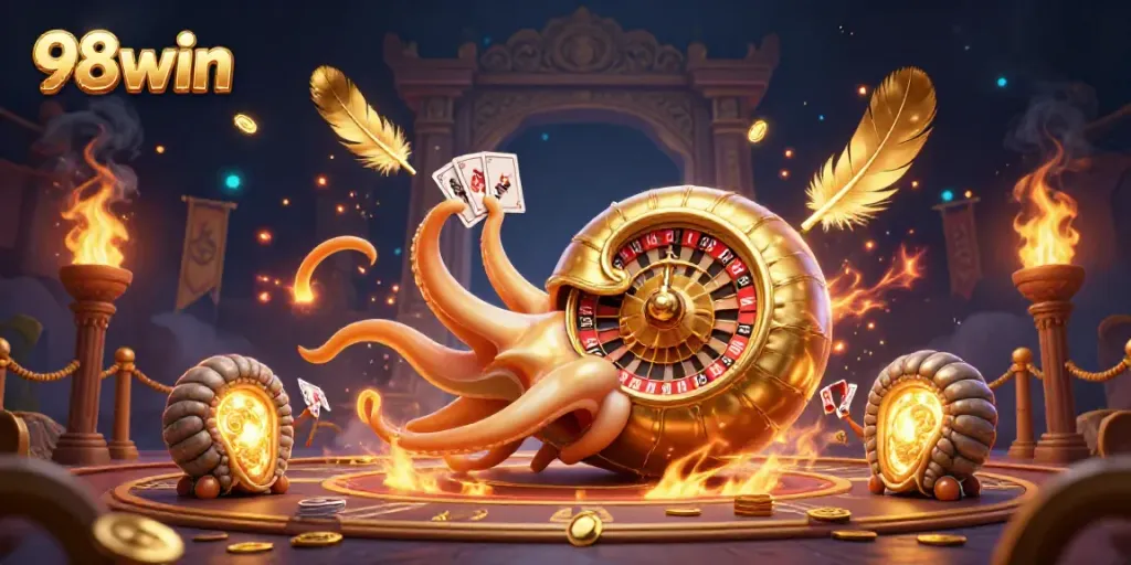Experience the thrill of 98win with a vibrant casino scene featuring a giant nautilus roulette wheel.