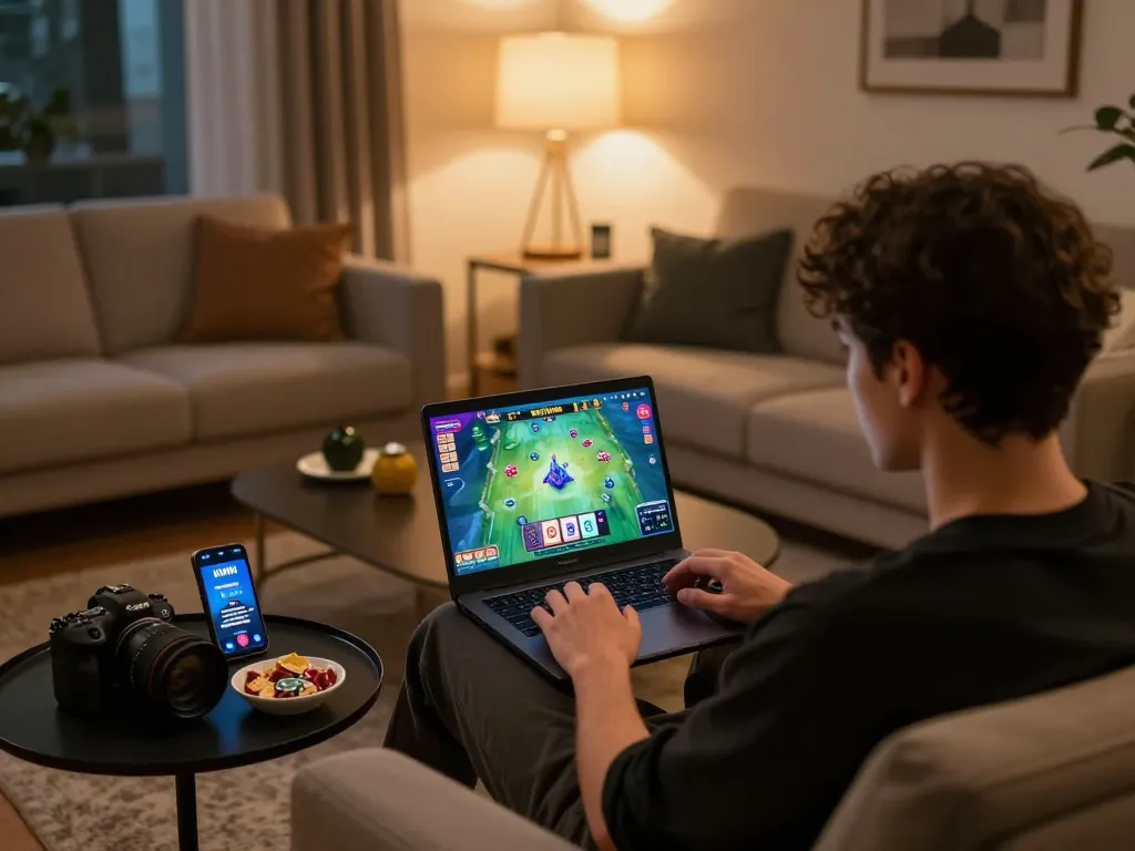 Engaging in KWIN online gaming session at home with warm lighting and colorful game interface