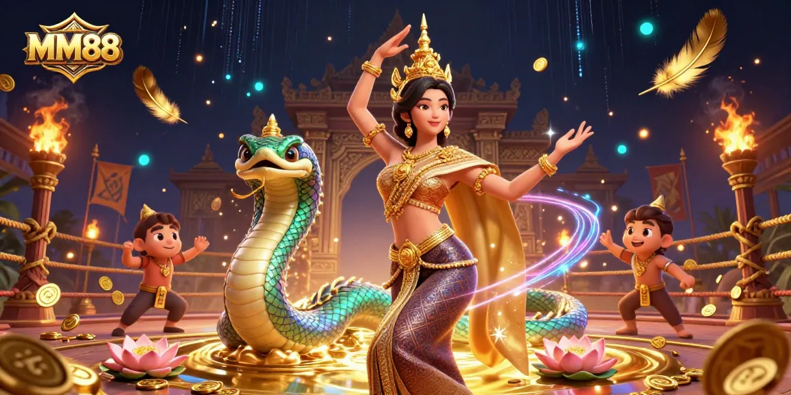 Engage with MM88's vibrant casino scene featuring a beautiful Thai dancer, Naga serpent, and dynamic gambling elements.
