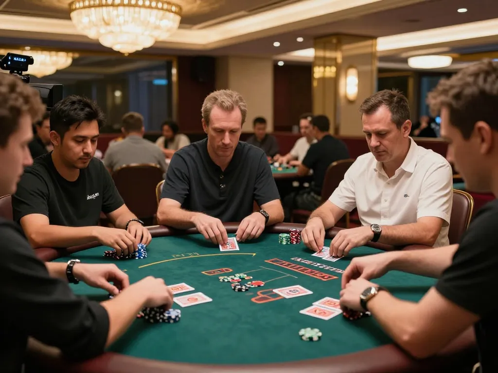 Vin88 players enjoying strategic blackjacks at a vibrant casino table, with lively gameplay in an upscale environment.