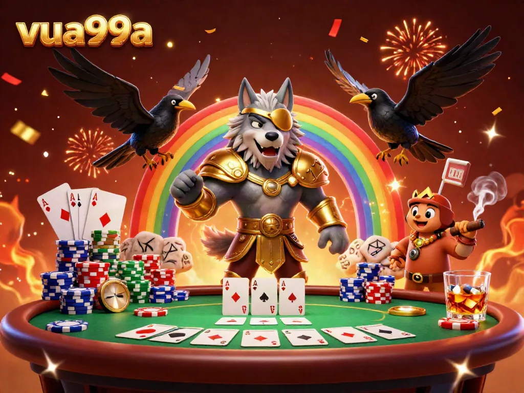 Engage in thrilling gameplay at vua99a with a vibrant casino scene featuring Norse mythology elements and dynamic poker game.